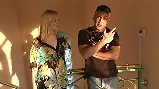 Czech blonde bitch Yasmine Gold gives a head to her boyfriend on a stairway