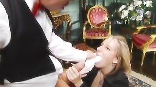 Blonde slut lifts her skirt and gets her fanni fingered nicely