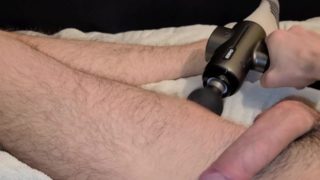 Hunk massages muscles with uncut cock 