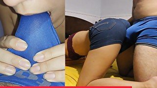Jeans shorts dry humping, grinding ass, lap dance cum, with titjob and blowjob