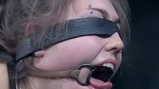 Pretty blindfolded and gagged girl vibrated by her master