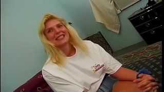 Amateur cock sucking blonde bitch has sex on camera for the first time