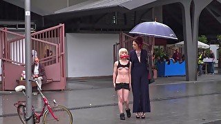 Kinky Silvia Rubi humiliates exposed sub Nora Barcelona in public