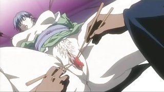 Guys use chopsticks on her naked hentai body