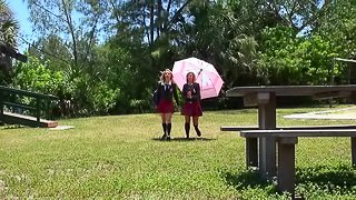Cute uniform babes Kelly Greene and Cali Sparks have girl on girl sex