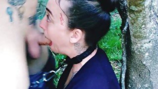 Chained and facefucked against a tree, BALLS DEEP THROAT PIE #2