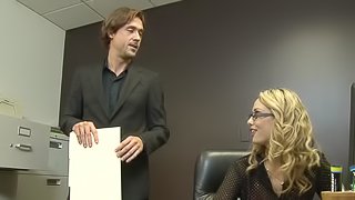 Fabulous blonde in sexy glasses gets slammed hardcore in office