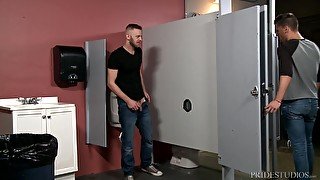 Gay glory hole blowjob turns into a hardcore public toilet fuck