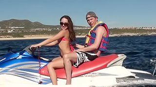 Impressive babe in enticing bikini giving big cock rousing blowjob