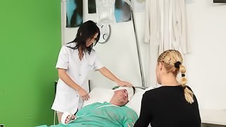 Denise Sky in nurse uniform fucks patient in ffm threesome