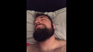 Big hairy bearded bear woke up very horny and wanking in bed. Beautiful agony. Orgasm face