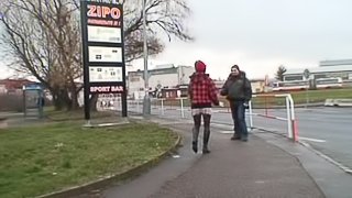 Horny old guy and a cute chick in stockings have lots of sex outdoors