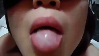 Blindfolded Asian girlfriend feels hungry for a jizz load