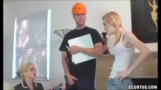 Mom And Teen Jerk Off The Electricity Guy For Good