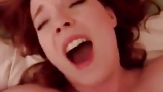 Redhead with an hairy pussy gets an orgasm and is jizzed on