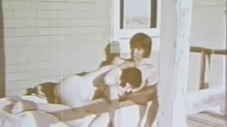 Pigtailed Brunette Slut Sucks Cock in a Porch - Vintage Porn Scene