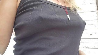 nippleringlover inserting ice cubes in big pierced nipples outdoors - pierced tits - nipple torture