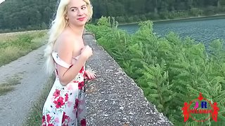 Naughty blonde girl doing a RISKY BLOWJOB in a public place