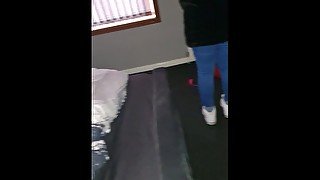 Step mom risky handjob in Mall make step son dick cum on her jeans