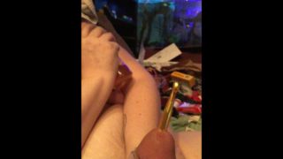 Pushing a Crochet Hook Plug Out of Caged Plugged Cock Pisshole