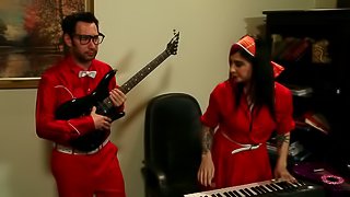 Two guys tag team their sexy goth female band mate