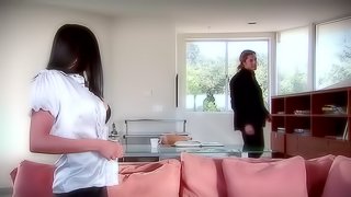 Office brunette face fucked by boss has orgasm on sofa