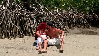 Hardcore pussy drilling with a fiery redhead Marcia at the beach