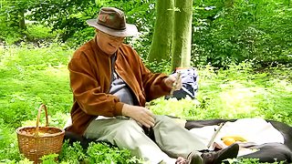 Sweet nymph in the woods lets this horny grandpa fuck her
