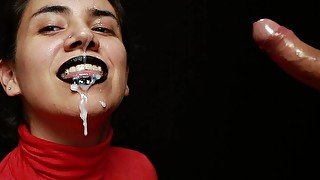 CFNM - Red turtleneck, Black lips - Handjob + Cum mouthful + Cum on clothes