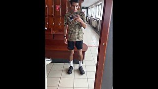 boy uses gym toilet after workout