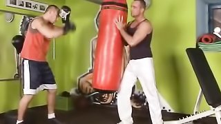 Kickboxing with the red punching bag and seducing my gym partner with my hard dick