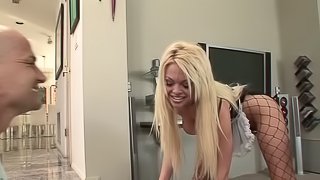 Attractive blonde babe in maid uniform moans while getting her pussy screwed hardcore