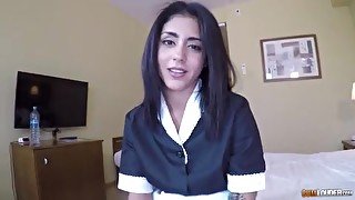 A guy filmed a young Latina maid sucking and fucking his cock in POV