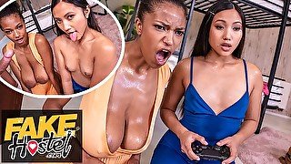 Fake Hostel - Video game playing Asian Thai girl and Ebony Latina college teens in horny threesome