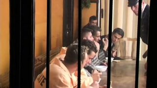 Gay fetish scene with guards and prisoners eating meat and fucking ass