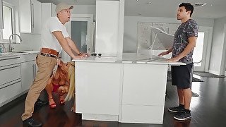 White haired mommy with big saggy tits seduces a plumber with big tool