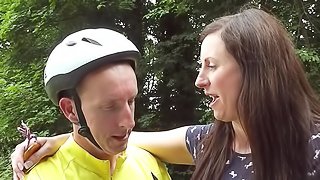 Bike ridding nerd gets to ravage a milf in a pink dress