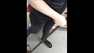 Step mom in ripped jeans fucked with the mop by step son in the kitchen