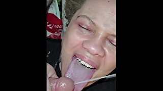 Ebony amateur takes facial cumshot from white cock