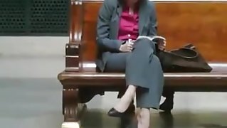 Candid Shoeplay Seated Dipping at Trian Station Feet Face