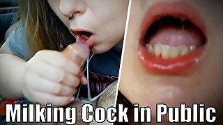 Milking my BF's small dick in the car and spit on him - Public Handjob