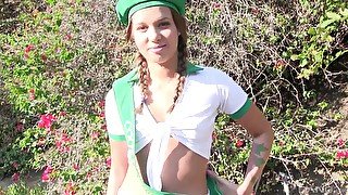 Petite teen slut in a costume Liza Rowe picked up outdoors and fucked