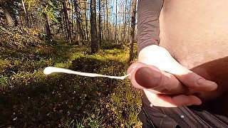 Masturbating my vitiligo dick in autumn forest, then cum on pants