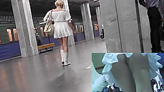 Pretty dame with blonde hair caught in upskirt free vid