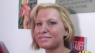 Naughty blonde babe gets her mouth filled with cum from a black cock