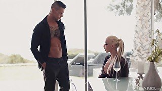 Handsome stud with tattoos slides his prick in ass of Barbie Sins