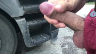 Solo male masturbating on truck parking lot