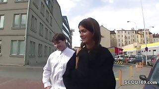 Sweet young Czech teen gets nailed in a public threesome