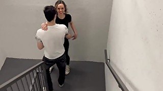 Public stairwell fuck in yoga pants with 2 guys ending in double facial / Amateur hotwife