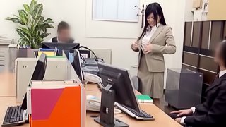 Attractive Asian dame in pantyhose getting her pussy licked and banged hardcore in the office